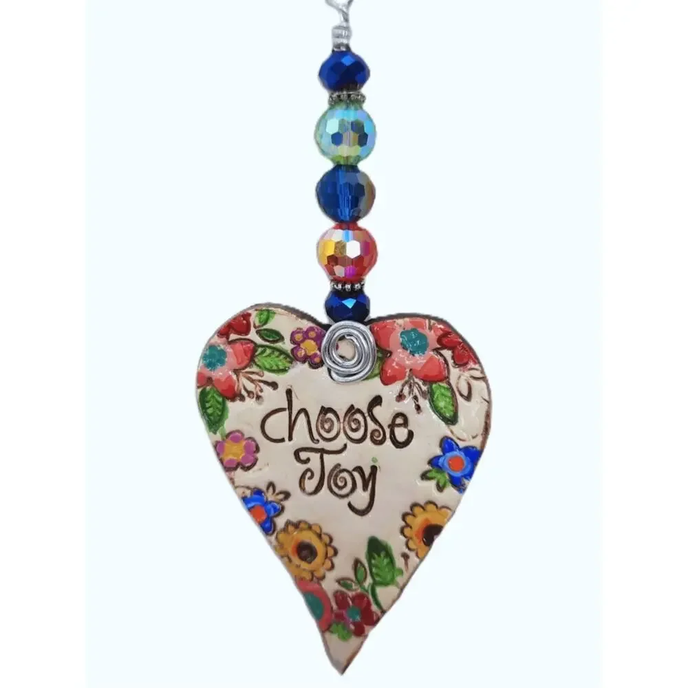 Artisan Ceramic Heart Beaded Suncatcher Vibrant Colorful Crystals Diffuser NEW